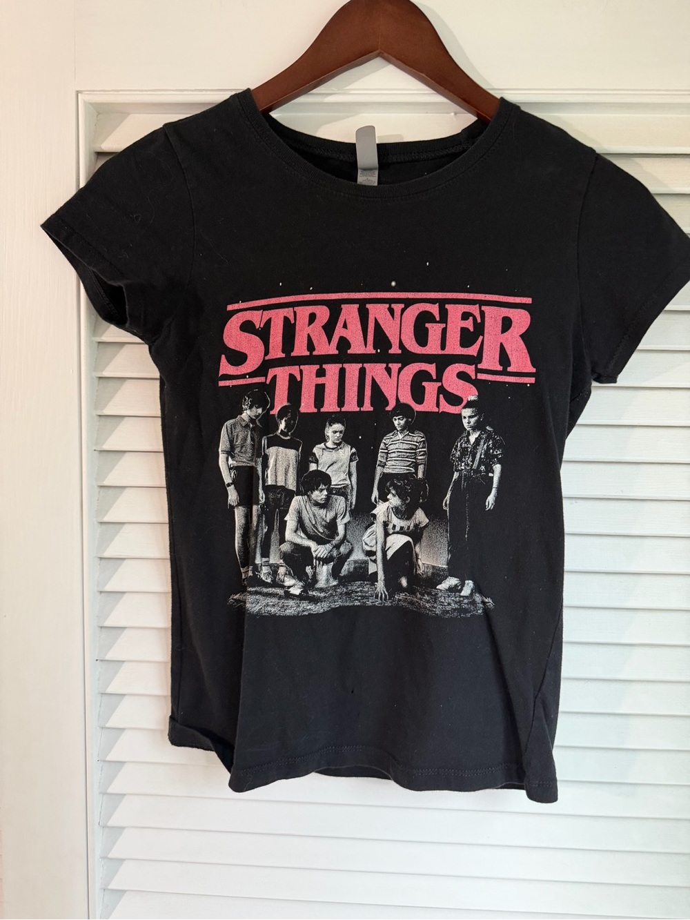 Netflix Kids Black Tee with Pink Stranger Things Logo